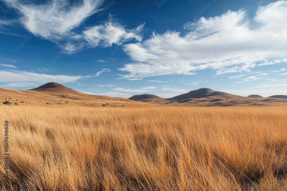 Panoramic View of a Verdant Grassland Illuminated by the Golden Rays of the Sunlit Daytime