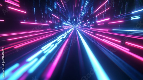 Abstract Neon Lines Converging in a Digital Tunnel