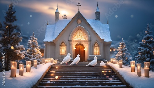 A white dove resting on the steps of a snow-covered chapel, illuminated by the soft glow of candles inside.