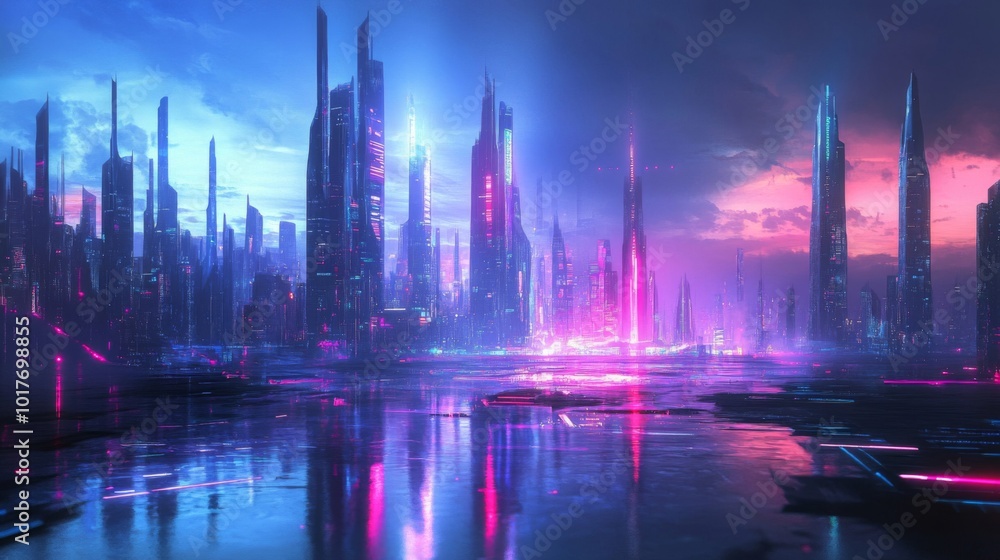 Futuristic Cityscape with Neon Lights Reflecting in Water Futuristic Cityscape with Neon Lights Reflecting in Water