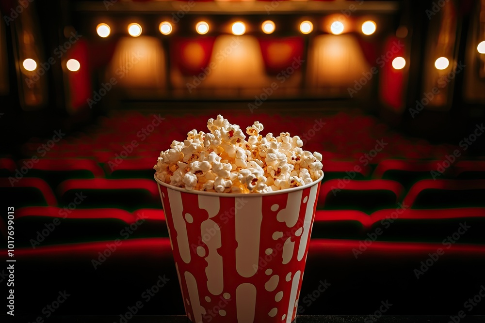 Popcorn in a red striped bucket. This photo is perfect for depicting the joy and excitement of watching a movie. Popcorn in a red striped bucket. This photo is perfect for depicting the joy and excitement of watching a movie.