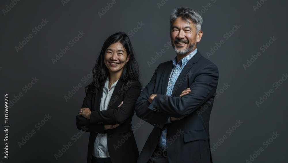Photo of two happy diverse professional people, smiling at the camera, wearing a business suit dressed in a grey. multi ethnic business couple posing arms crossed copy space and new isolated Photo of two happy diverse professional people, smiling at the camera, wearing a business suit dressed in a grey. multi ethnic business couple posing arms crossed copy space and new isolated