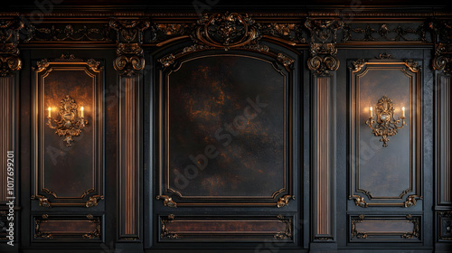 Ornate Black and Gold Wall Paneling.