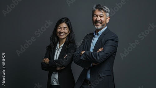 Photo of two happy diverse professional people, smiling at the camera, wearing a business suit dressed in a grey. multi ethnic business couple posing arms crossed copy space and new isolated