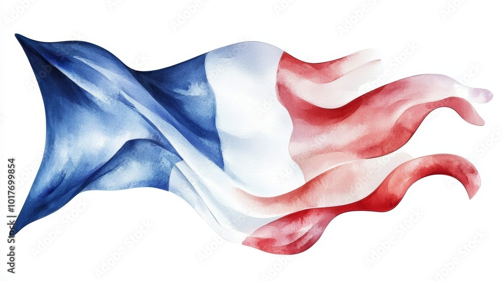 Fototapeta premium A beautifully flowing watercolor representation of the French flag, showcasing the blue, white, and red hues in a dynamic style.
