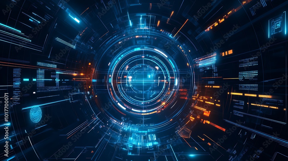 Abstract futuristic digital tunnel with glowing lines and circles in blue and orange. Abstract futuristic digital tunnel with glowing lines and circles in blue and orange.