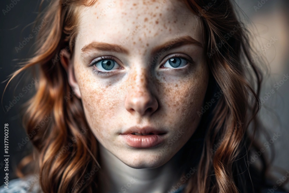 A deep, emotional portrait. The face of a young girl without makeup, with expressive eyes, curly red hair and freckles on her face. Natural female beauty. A deep, emotional portrait. The face of a young girl without makeup, with expressive eyes, curly red hair and freckles on her face. Natural female beauty.