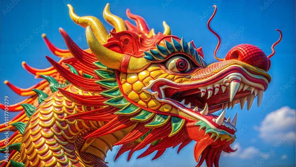 Colorful dragon head sculpture, vibrant and majestic, ideal for Lunar New Year celebrations, clear blue sky Colorful dragon head sculpture, vibrant and majestic, ideal for Lunar New Year celebrations, clear blue sky