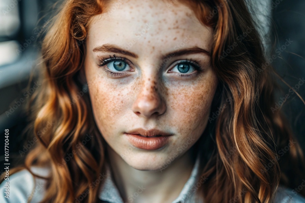 A deep, emotional portrait. The face of a young girl without makeup, with expressive eyes, curly red hair and freckles on her face. Natural female beauty. A deep, emotional portrait. The face of a young girl without makeup, with expressive eyes, curly red hair and freckles on her face. Natural female beauty.