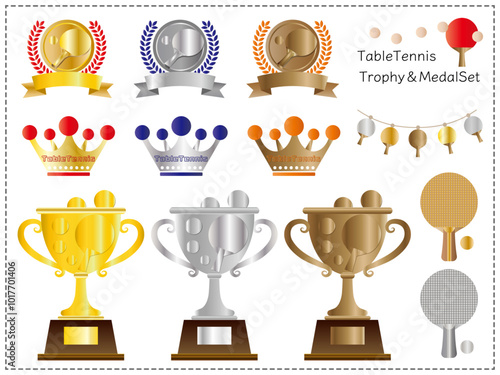 トロフィー■卓球のトロフィーとメダル、王冠のイラストセット