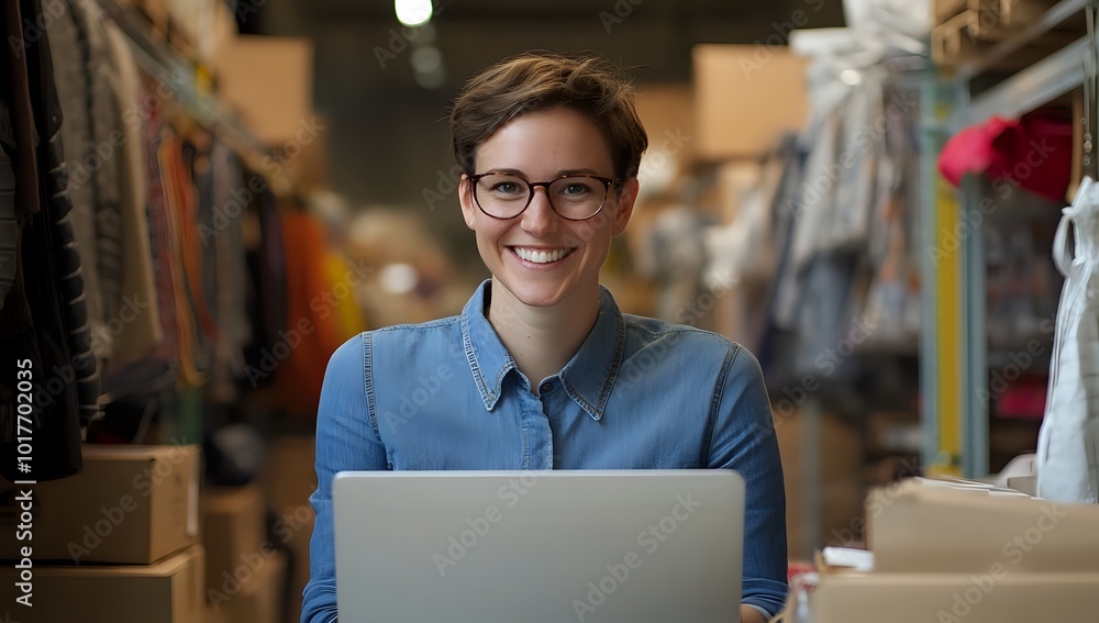 A smiling woman in a blue shirt and glasses is working on a laptop, with boxes in the background. A smiling woman in a blue shirt and glasses is working on a laptop, with boxes in the background.