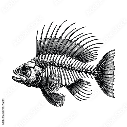 Canvas Print hand drawn vector illustration of fish skeleton in black and white