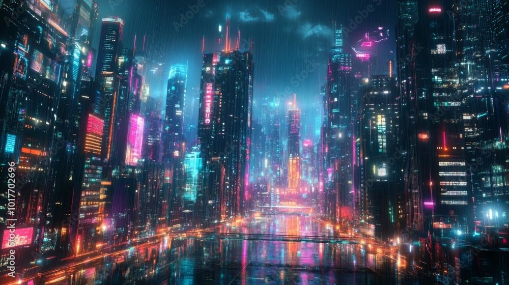 Futuristic Cityscape Under Neon Rain Futuristic Cityscape Under Neon Rain