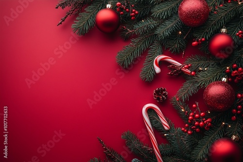 Merry Christmas red background decorated with happy 2025 new year tree branches and baubles stars, winter holiday card decorations festive merry concept, flat lay, above top view, copy space photo