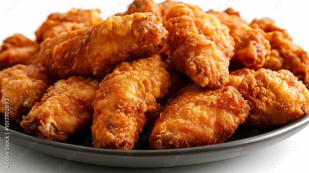 Close-up of Crispy Fried Chicken Wings Piled High on a Black Plate, Ready to Eat Close-up of Crispy Fried Chicken Wings Piled High on a Black Plate, Ready to Eat