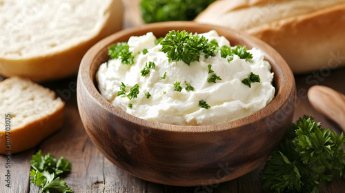 Creamy White Cheese Dip in Wooden Bowl with Bread and Parsley.