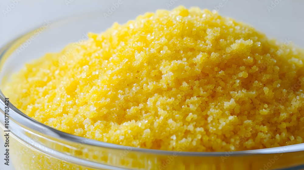 Close-up of yellow coarse grain in glass bowl. Close-up of yellow coarse grain in glass bowl.