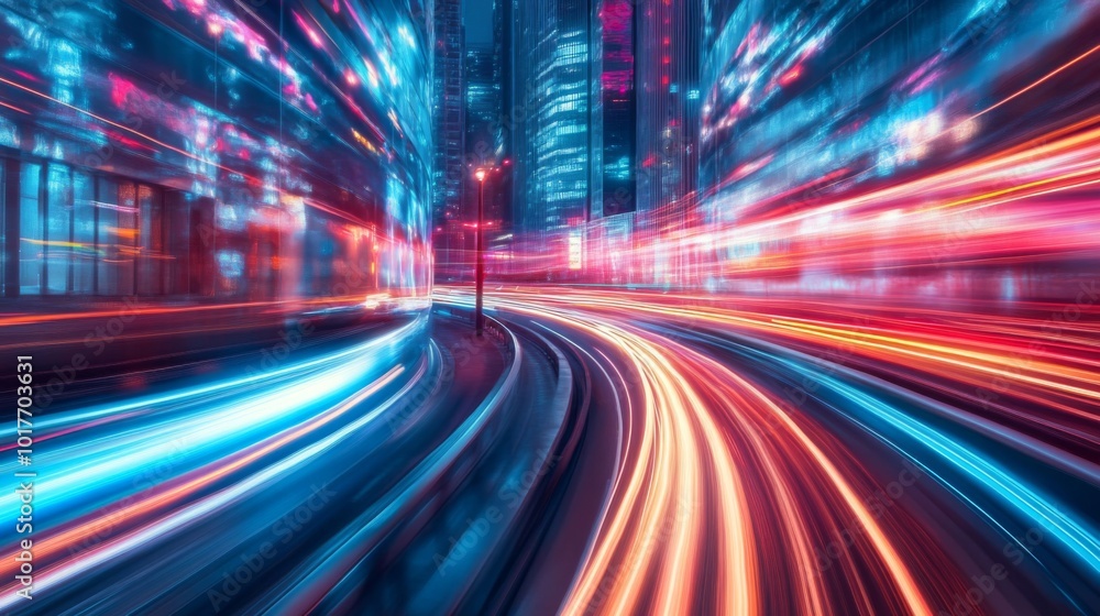 Cityscape with Blurred Light Trails from Fast-Moving Traffic Cityscape with Blurred Light Trails from Fast-Moving Traffic