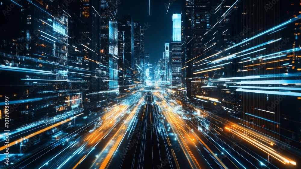 Abstract Cityscape with Streaks of Light and Digital Effects Abstract Cityscape with Streaks of Light and Digital Effects