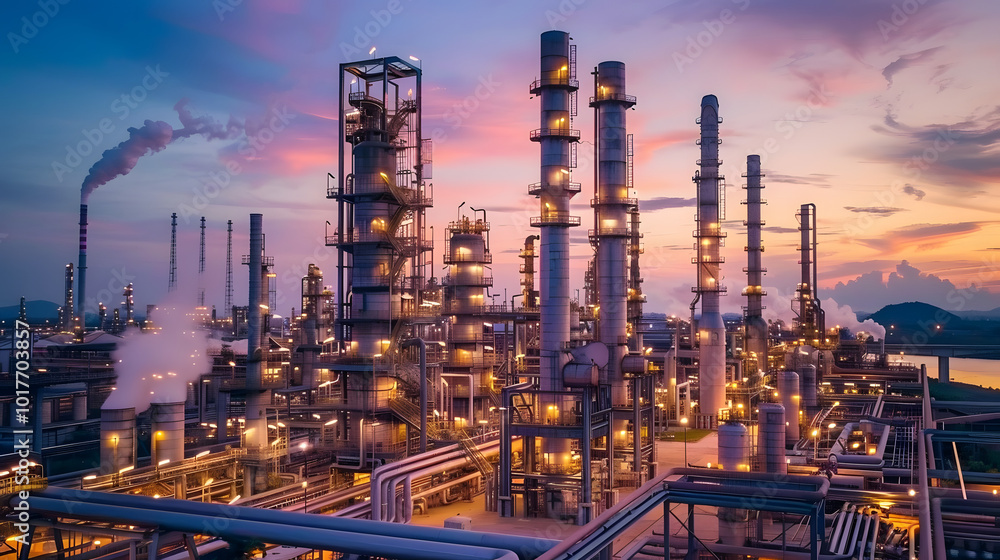 A panoramic view of a downstream petrochemical refinery processing plant at night, with a cityscape in the background, lights reflecting off complex machinery and pipes, illustrating urban energy dema A panoramic view of a downstream petrochemical refinery processing plant at night, with a cityscape in the background, lights reflecting off complex machinery and pipes, illustrating urban energy dema