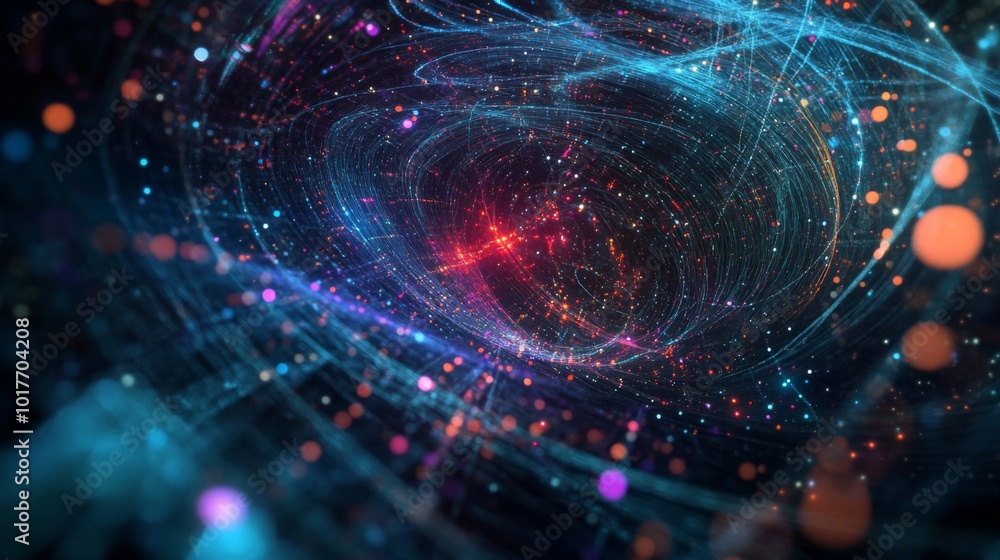 Abstract digital art with glowing lines, dots, and a swirling pattern in blue, red, and orange hues. Abstract digital art with glowing lines, dots, and a swirling pattern in blue, red, and orange hues.