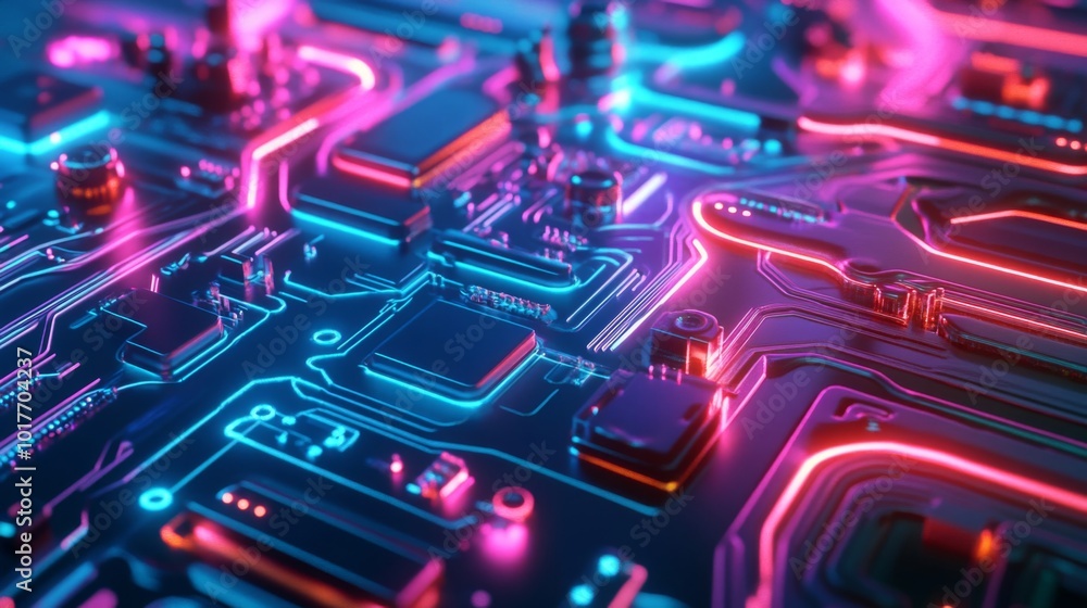 Glowing Circuit Board with Pink and Blue Neon Lights Glowing Circuit Board with Pink and Blue Neon Lights