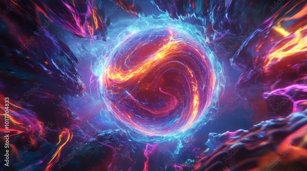 A Swirling Orb of Energy Surrounded by Abstract Landscapes A Swirling Orb of Energy Surrounded by Abstract Landscapes