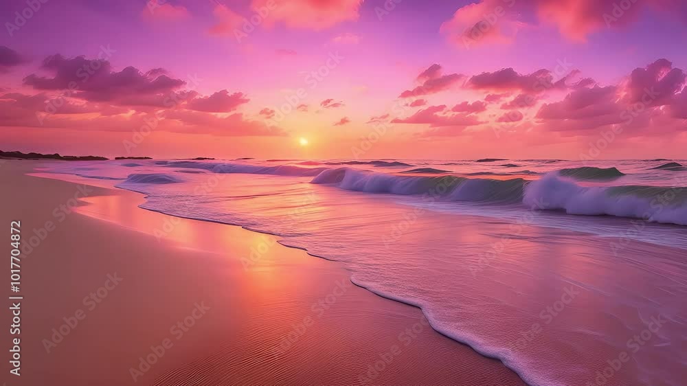 Peaceful beach at sunset with golden sand and colorful sky over gentle waves Peaceful beach at sunset with golden sand and colorful sky over gentle waves