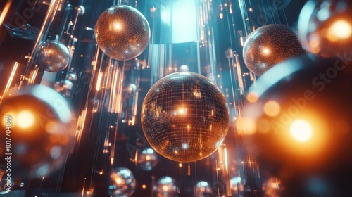 Glittering Disco Balls Hanging from a Ceiling with Bright Lights