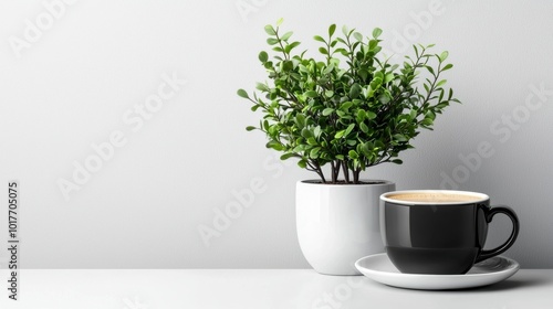 A modern plant in a minimalist pot next to a black coffee cup on a clean surface, perfect for interior design inspiration.