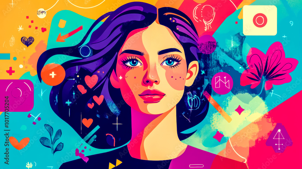 Young woman posing with colorful artistic background design Young woman posing with colorful artistic background design