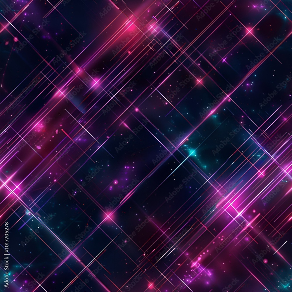 Fototapeta premium Seamless abstract pattern with radiant lines and sparkling elements on a dark background, ideal for modern textiles and creative decor