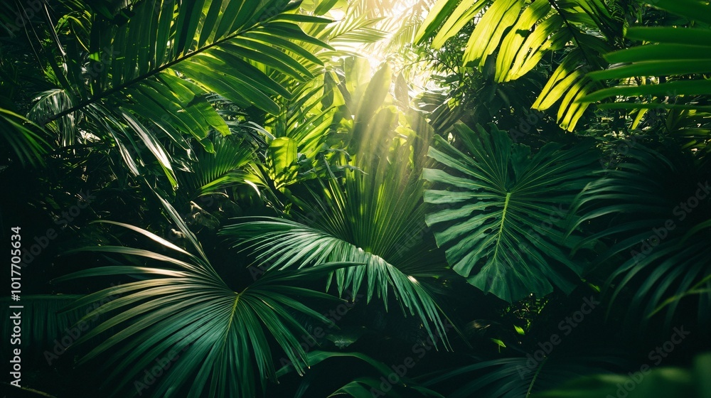 Fototapeta premium Lush green tropical foliage with sunlight shining through.