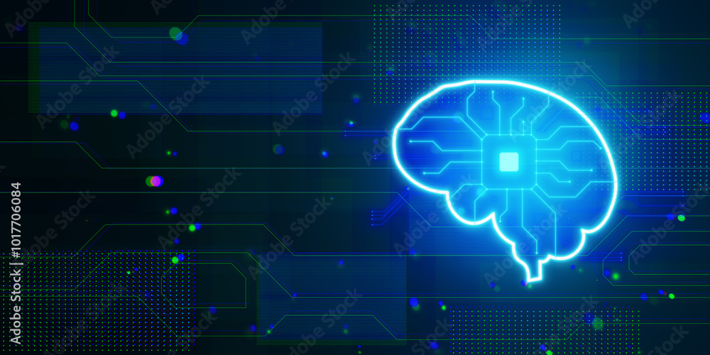 Abstract glowing blue circuit digital brain hologram on blurry background with mock up place. Artificial intelligence and innovation concept. 3D Rendering. Abstract glowing blue circuit digital brain hologram on blurry background with mock up place. Artificial intelligence and innovation concept. 3D Rendering.