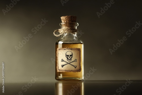 Elegant small corked bottle with a skull and crossbones label displayed on a reflective surface photo