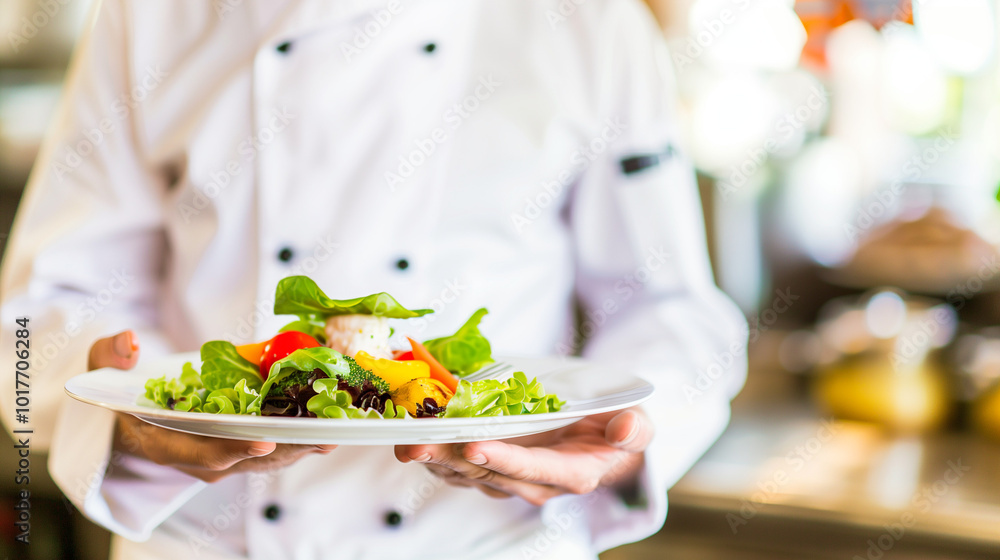 Chef holding a plate of beautifully arranged gourmet food, with a satisfied smile, symbolizing high food expectations and culinary excellence. Chef holding a plate of beautifully arranged gourmet food, with a satisfied smile, symbolizing high food expectations and culinary excellence.