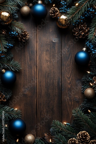 Christmas background with pine branches and red and blue decorations on dark wooden boards. Space for text. Top view.