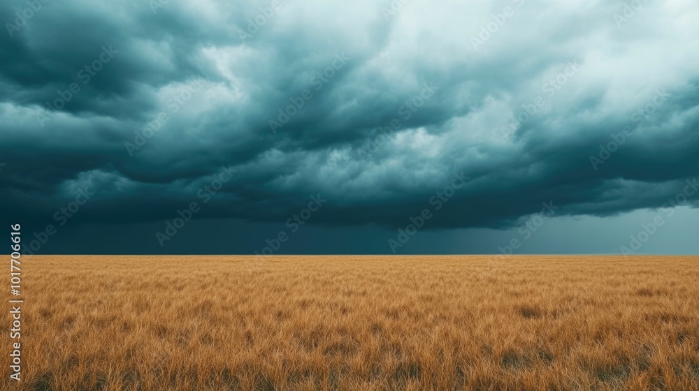 Dramatic Overcast Sky with Ominous Dark Clouds Looming Over the Expansive Autumn Wheat Field Creating a Moody and Atmospheric Landscape Dramatic Overcast Sky with Ominous Dark Clouds Looming Over the Expansive Autumn Wheat Field Creating a Moody and Atmospheric Landscape
