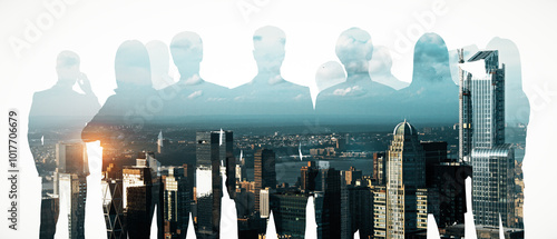 Crowd of business people silhouettes on white city background. Teamwork, leadership, success and partners concept. Double exposure.