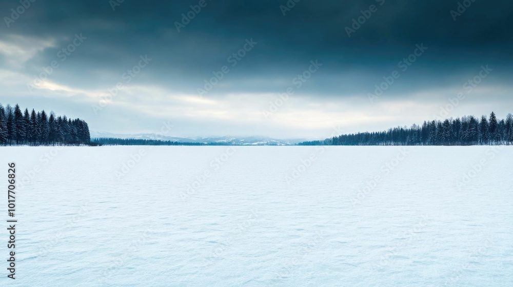 Drifting snow sweeps across a frozen serene lake surrounded by a dense pine forest under an overcast dramatic winter sky This remote Drifting snow sweeps across a frozen serene lake surrounded by a dense pine forest under an overcast dramatic winter sky This remote