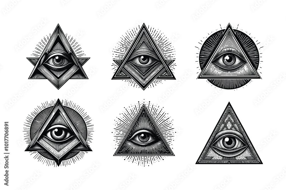 set of hand drawn triangle eye. the eye of providence. black and white freemason illuminati symbol vector illustration set of hand drawn triangle eye. the eye of providence. black and white freemason illuminati symbol vector illustration