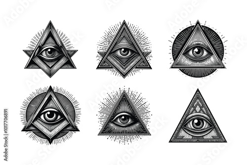set of hand drawn triangle eye. the eye of providence. black and white freemason illuminati symbol vector illustration