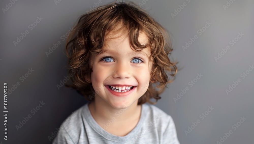 Adorable little boy with wavy brown hair and blue eyes, smiling mischievously at the camera, Little Boy's Joyful Smile: young boy with bright red curly hair, his face radiating pure joy and happiness