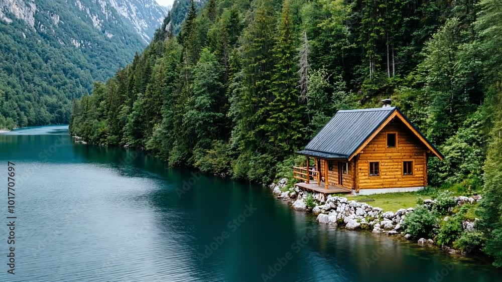 A serene wooden cabin by a tranquil lake surrounded by lush forested mountains. A serene wooden cabin by a tranquil lake surrounded by lush forested mountains.