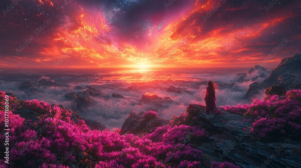 A serene landscape with vibrant flowers and a dramatic sunset, evoking tranquility and beauty. A serene landscape with vibrant flowers and a dramatic sunset, evoking tranquility and beauty.