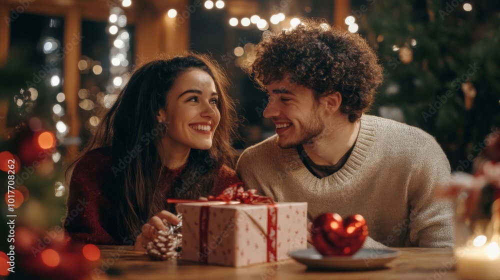 Couple sharing a gift with smiles and Christmas lights in the background Couple sharing a gift with smiles and Christmas lights in the background