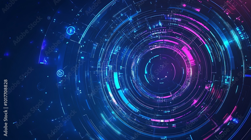 Abstract circular pattern with glowing lines and shapes in blue and pink tones. Abstract circular pattern with glowing lines and shapes in blue and pink tones.