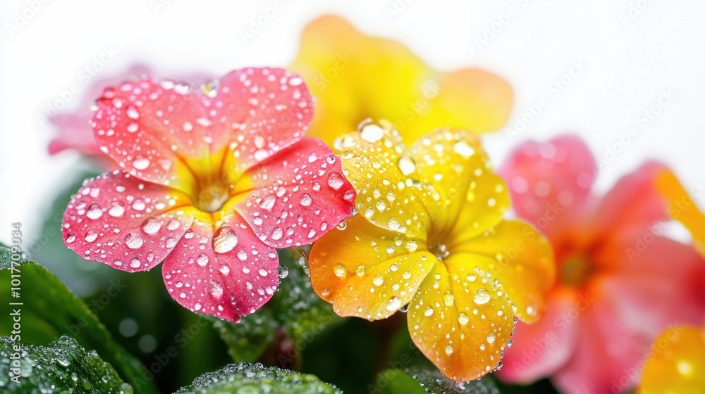 Vibrant flowers adorned with raindrops in soft focus Vibrant flowers adorned with raindrops in soft focus