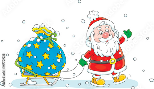 On the snowy night before Christmas funny Santa Claus pulling his sledge with a big magical bag of winter holiday gifts for little kids, vector cartoon illustration isolated on a white background