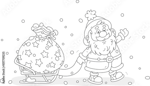 On the snowy night before Christmas funny Santa Claus pulling his sledge with a big magical bag of winter holiday gifts for little kids, black and white outline vector cartoon illustration for a color